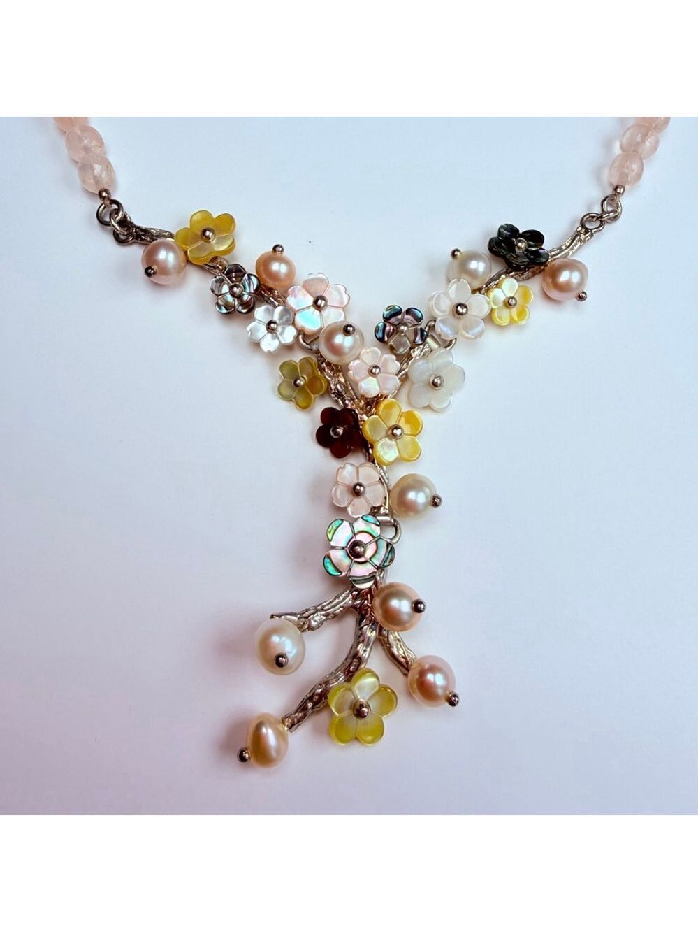 Whitney Kelly Rose Quartz MOP Pearl Mosaic Flower Sterling Silver 925 Necklace - Picture 4 of 12